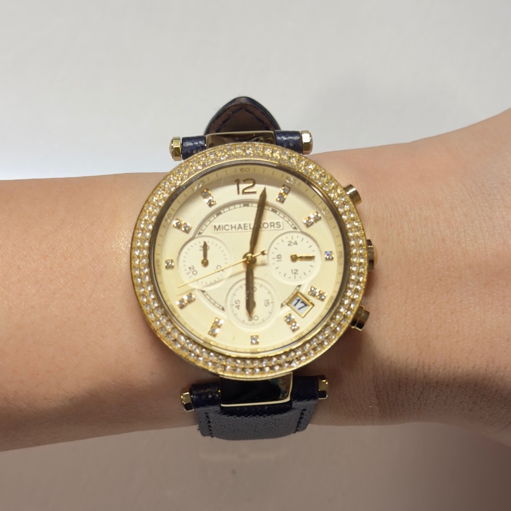 Michael Kors Gold Watch with Adjustable Navy Leather Strap